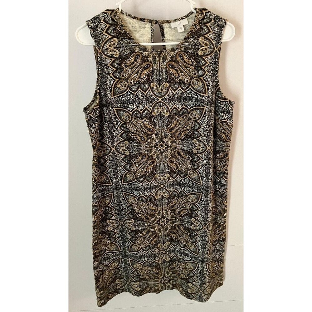 J. Jill Shift Dress Patterned Sleeveless Scoop‎ Neck Midi Brown Medium M